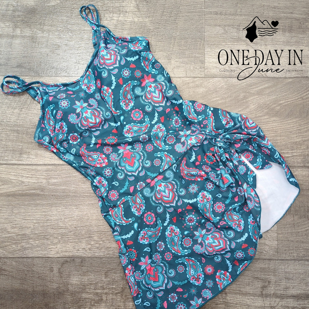 Eomenie Paisley Swimdress One Piece Swimsuit Teal Pink NWT Size S