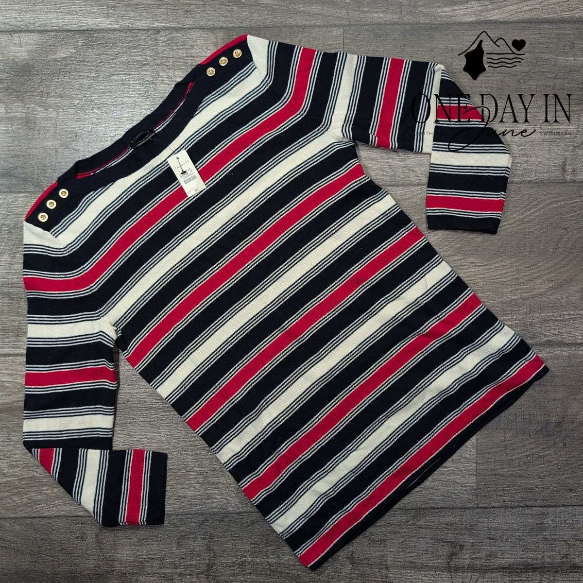 Talbots Striped Knit Sweater Navy Pink Ivory Gold Shoulder Buttons Size XS