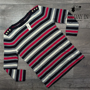 Talbots Striped Knit Sweater Navy Pink Ivory Gold Shoulder Buttons Size XS