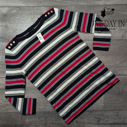 Talbots Striped Knit Sweater Navy Pink Ivory Gold Shoulder Buttons Size XS