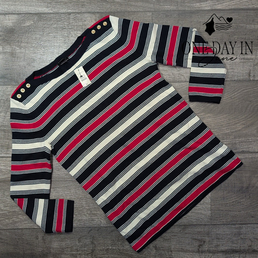 Talbots Striped Knit Sweater Navy Pink Ivory Gold Shoulder Buttons Size XS
