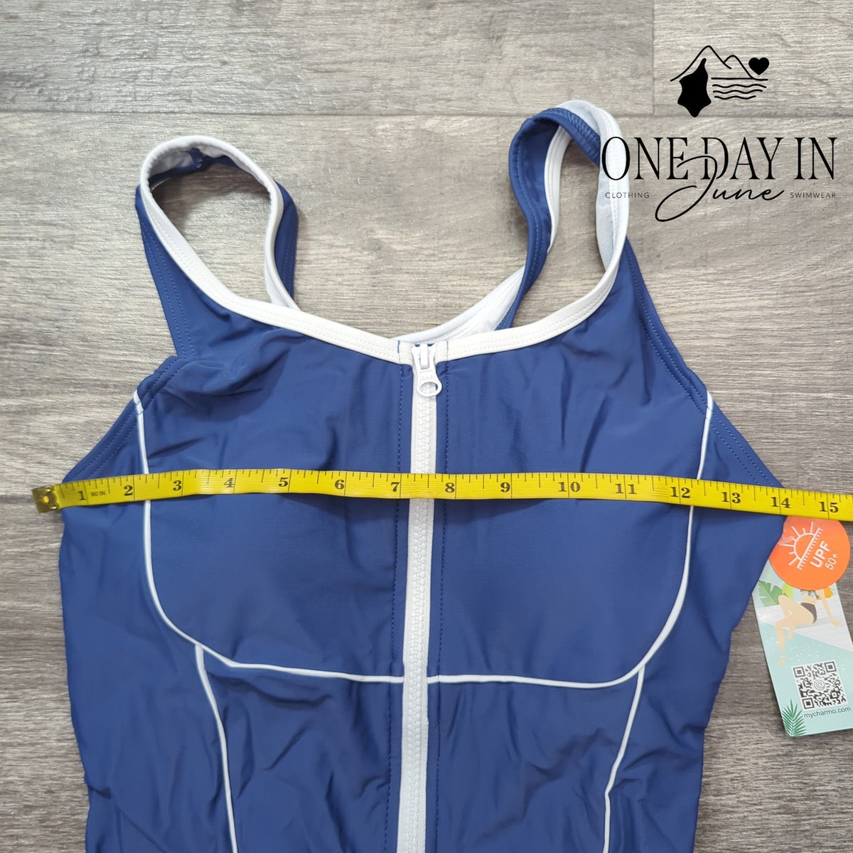 Charmo Front Racerback Athletic One Piece Swimsuit Blue White UPF 50+ NWT Size M