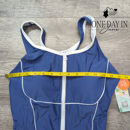 Charmo Front Racerback Athletic One Piece Swimsuit Blue White UPF 50+ NWT Size M