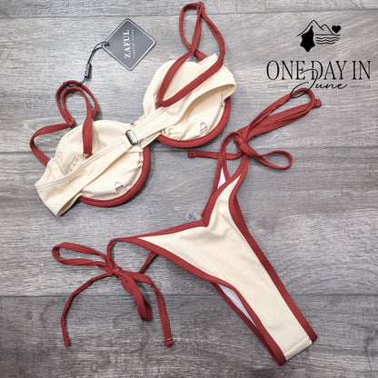 Zaful Ribbed Underwire Tie Side Bikini Swimsuit Size S