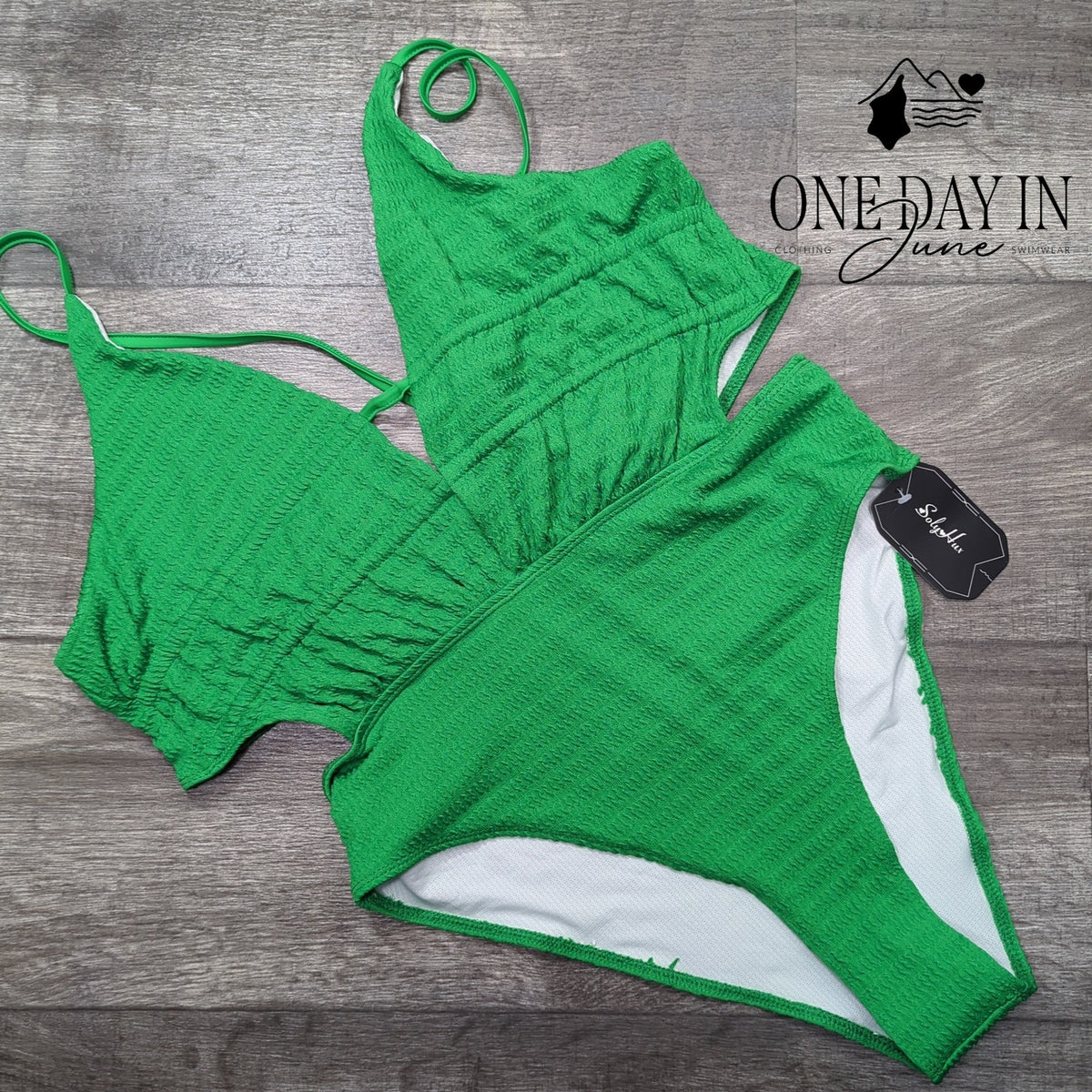 SOLY HUX Smocked Tie Back Cut Out One Piece Swimsuit Green NWT Size L