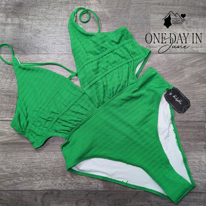 SOLY HUX Smocked Tie Back Cut Out One Piece Swimsuit Green NWT Size L