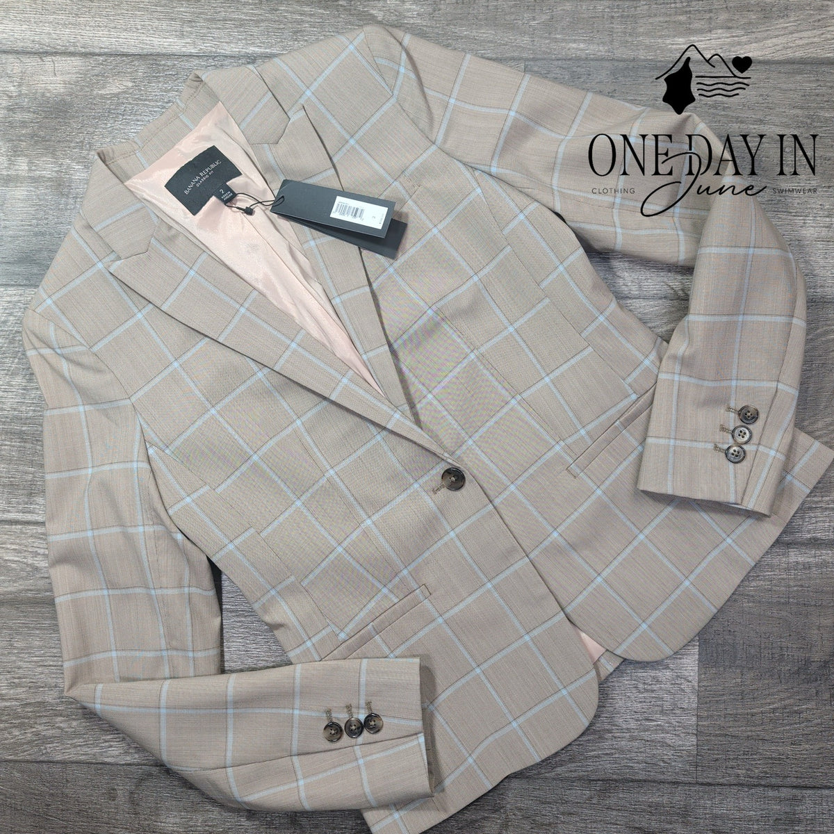 Banana Republic Classic Fit Wool Blazer Beige Blue Windowpane Plaid NWT Size 2