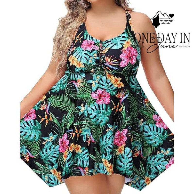Nieyook Plus Size Tropical Swimdress Boyshort Tankini Swimsuit Size 14W
