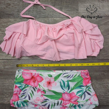 ODIJ Ruffle Halter Tie Back High Waisted Bikini Pink Floral Size M