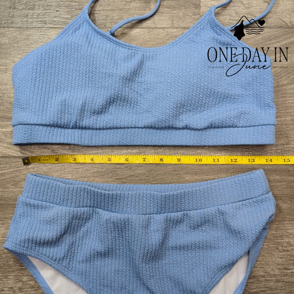 Aleumdr Textured Crop Top Bikini Swimsuit Blue High Waist 2 Piece Size L