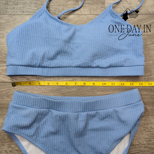 Aleumdr Textured Crop Top Bikini Swimsuit Blue High Waist 2 Piece Size L