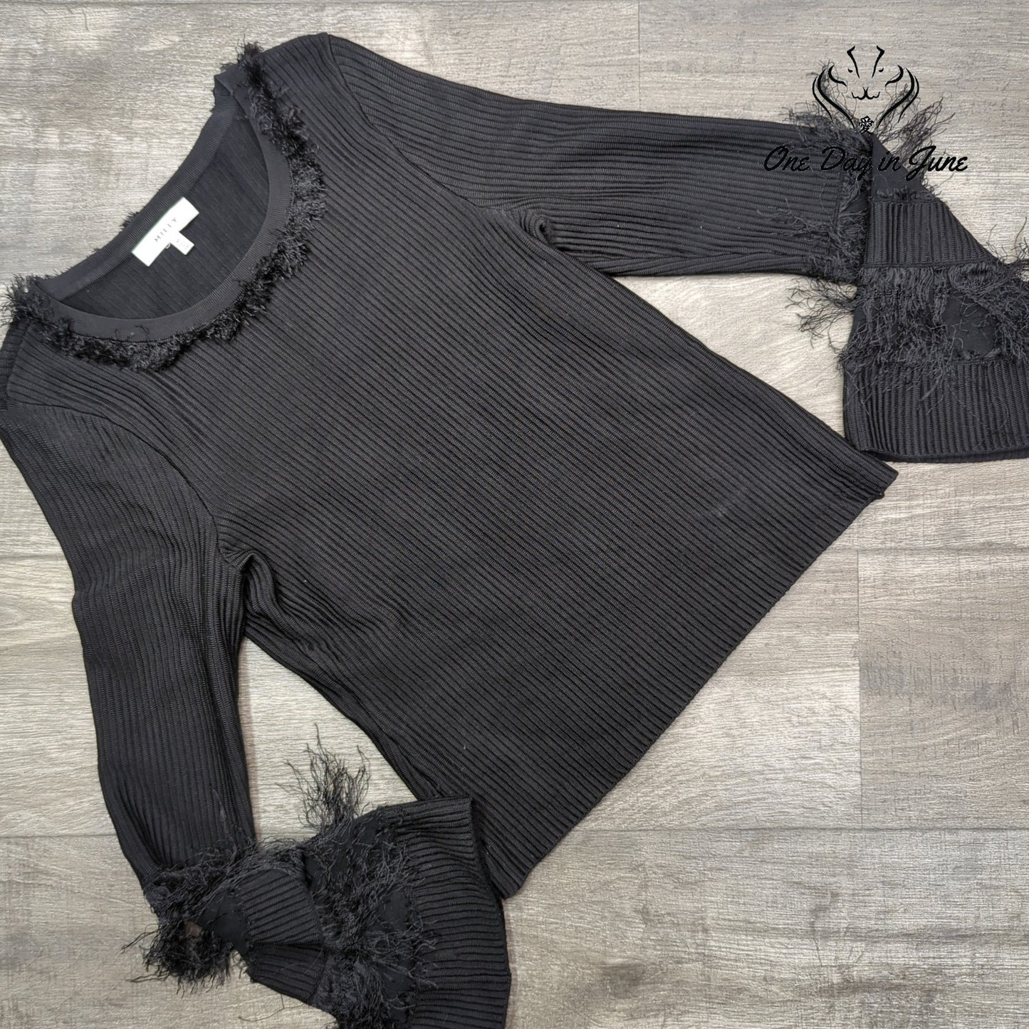 Milly Ribbed Fringe Bell Sleeve Sweater Black Designer Knit Top Size M