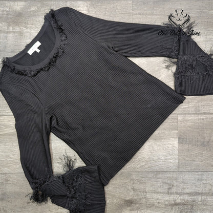 Milly Ribbed Fringe Bell Sleeve Sweater Black Designer Knit Top Size M