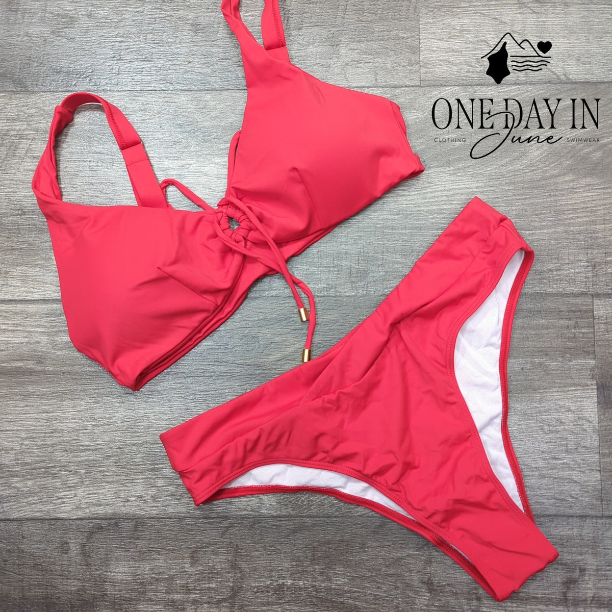 CharmLeaks Keyhole Lace Up Bikini Swimsuit Coral Red Gold Accent Size XL
