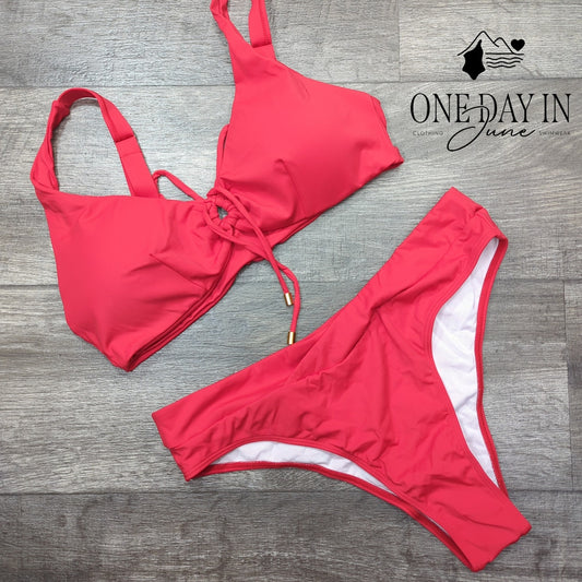 CharmLeaks Keyhole Lace Up Bikini Swimsuit Coral Red Gold Accent Size XL
