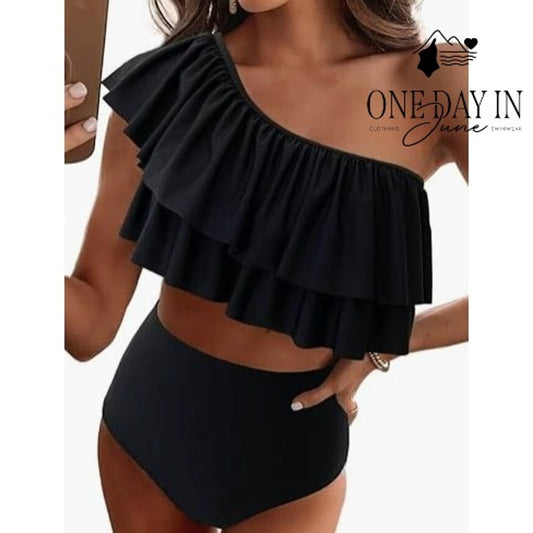 Vimpunec One Shoulder Ruffle High Waist Bikini Swimsuit Black NWT Size XXL
