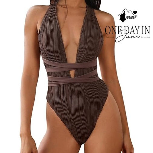 Zaful Deep V Tie Wrap One Piece Swimsuit Size S