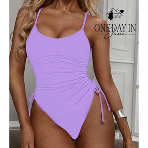 CharmLeaks Drawstring Side One Piece Swimsuit Purple Ruched New Size S