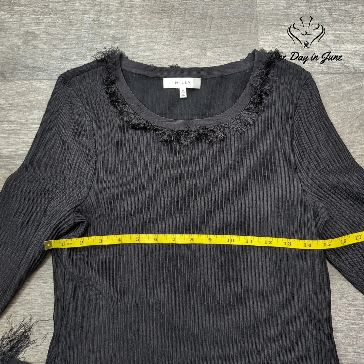 Milly Ribbed Fringe Bell Sleeve Sweater Black Designer Knit Top Size M