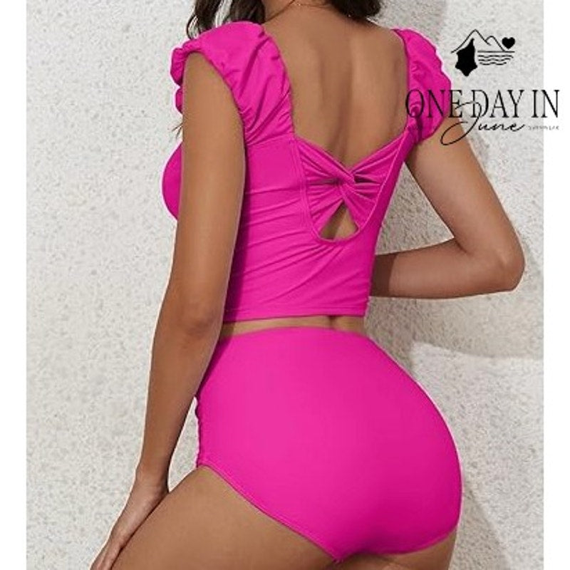 Eomenie High Waist Ruffle Shoulder Tankini Swimsuit Size XL