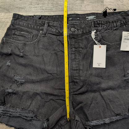 Good American Bombshell High Rise Distressed Denim Shorts Black NWT Size 16