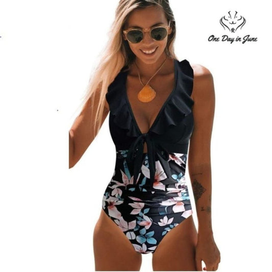 Sporlike Women's Ruffle Tie Back One Piece Swimsuit Size L