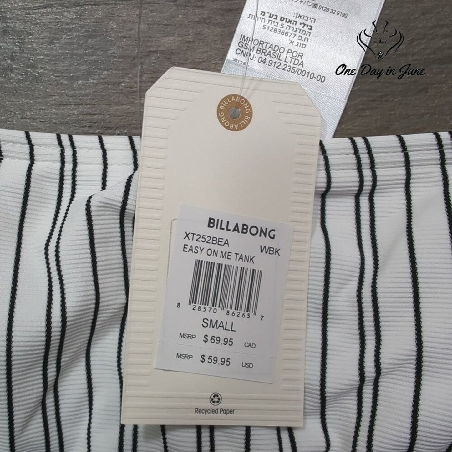 Billabong Easy On Me Tank Bikini Top White Black Ribbed Square Neck NWT Size S