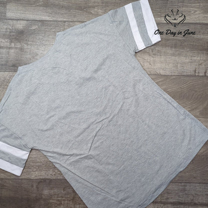 Suzie Q USA V Neck Short Sleeve T Shirt Gray White Striped Cuff NWT Size S