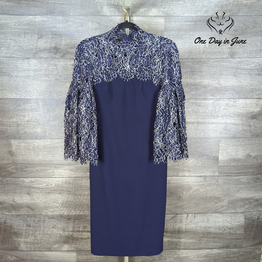 Eliza J Metallic Lace Bell Sleeve Sheath Dress Navy Cocktail NWT Size 2
