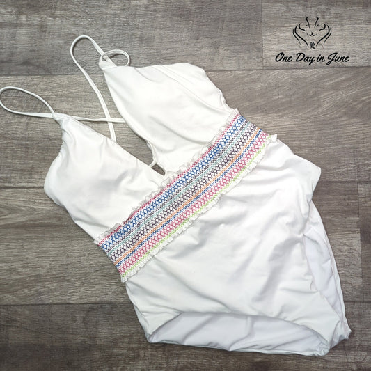Bar III Smocking Solids Plunge One Piece Swimsuit White Rainbow NWT Size XL