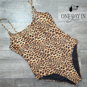 Adisputent Leopard Print One Piece Swimsuit Animal Print Scoop Neck Size L