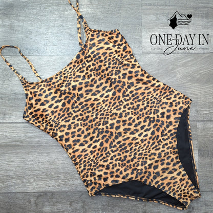 Adisputent Leopard Print One Piece Swimsuit Animal Print Scoop Neck Size L