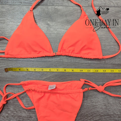CharmLeaks Triangle Tie Side Bikini Swimsuit Neon Orange Coral Size M