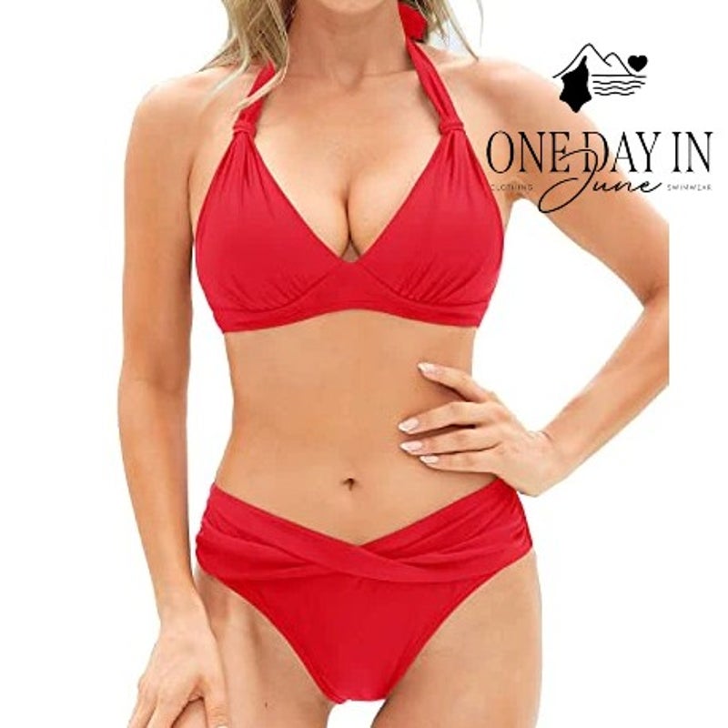 Yonique Halter Bikini Swimsuit Red Twist Front High Waist Two Piece NWT Size M