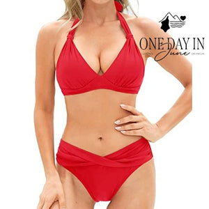 Yonique Halter Bikini Swimsuit Red Twist Front High Waist Two Piece NWT Size M
