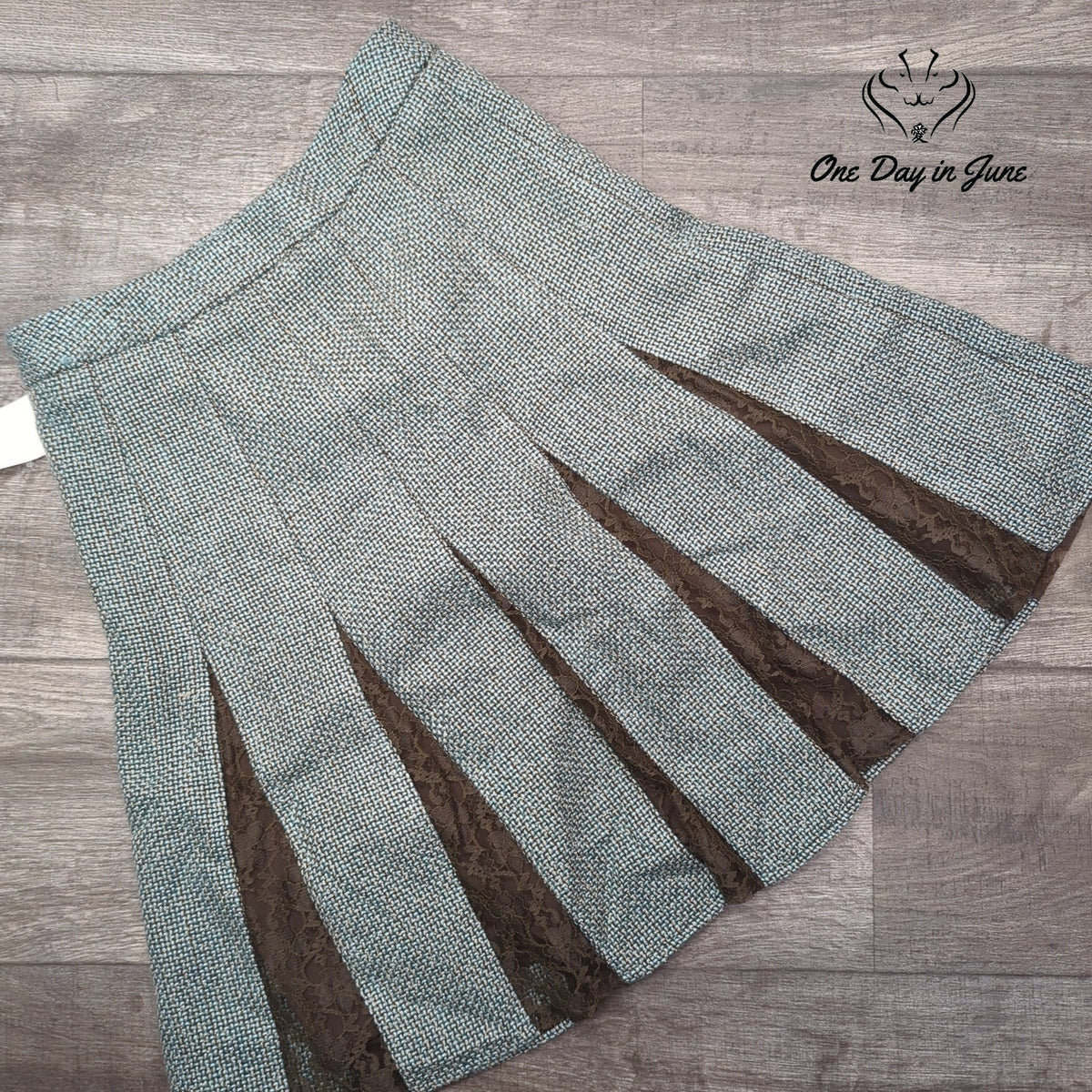 Worthington A Line Tweed Skirt Blue Silver Sage Lace Inset NWT Size 6