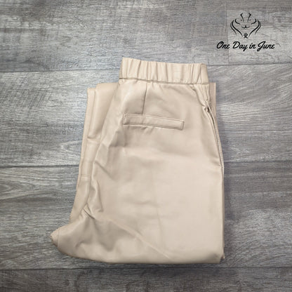 WAYF Faux Leather Wide Leg Pants Beige High Rise Elastic Waist Size M