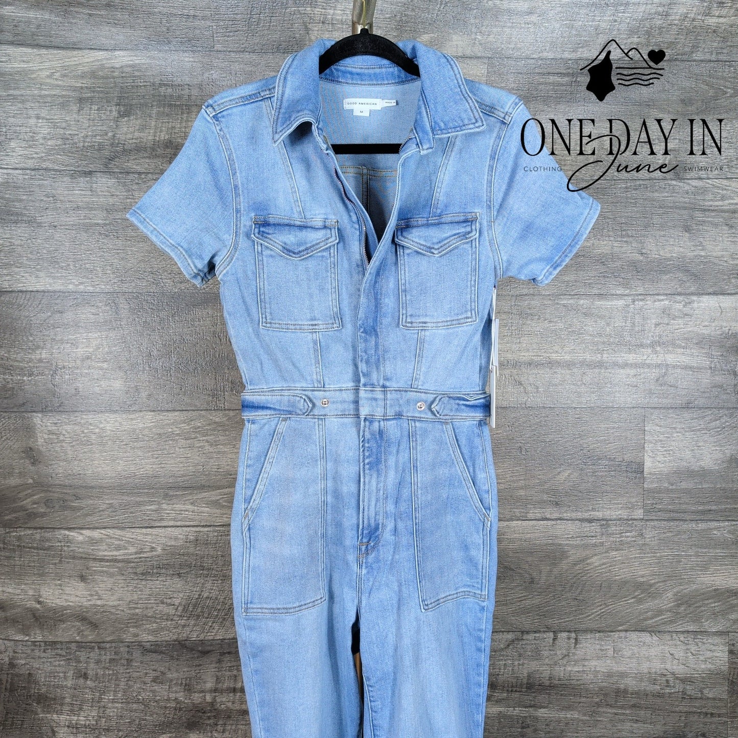 Good American Fit For Success Denim Jumpsuit Blue Short Sleeve NWT Size M