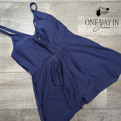 Shekini Cross Front Ruched Swimdress One Piece Swimsuit Navy NWT Size M