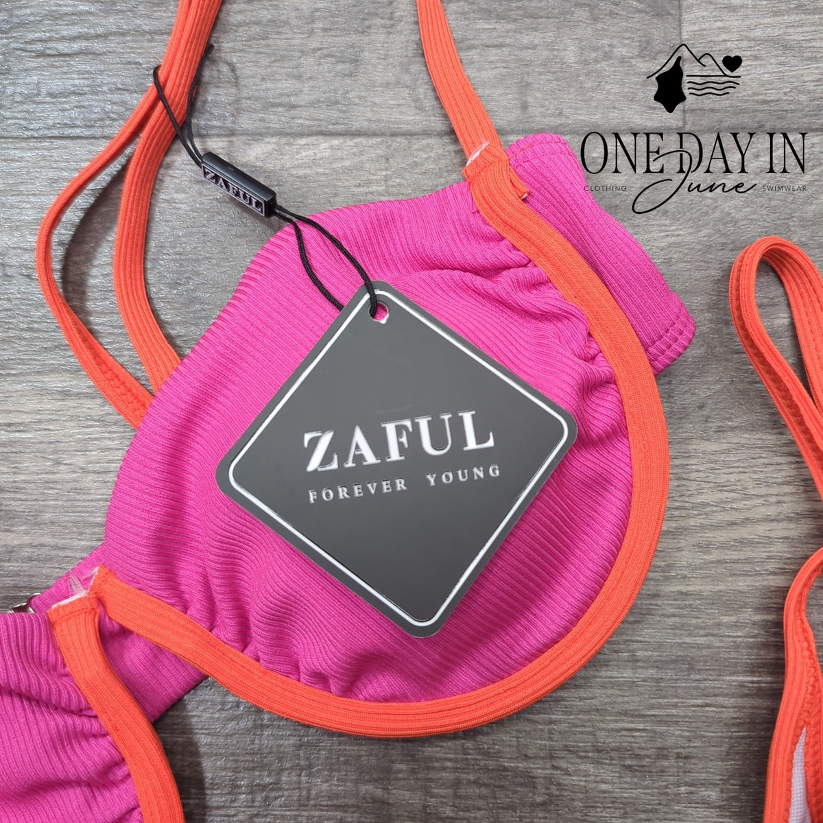Zaful Ribbed Underwire High Cut Tie Side Bikini Pink Orange NWT Size S