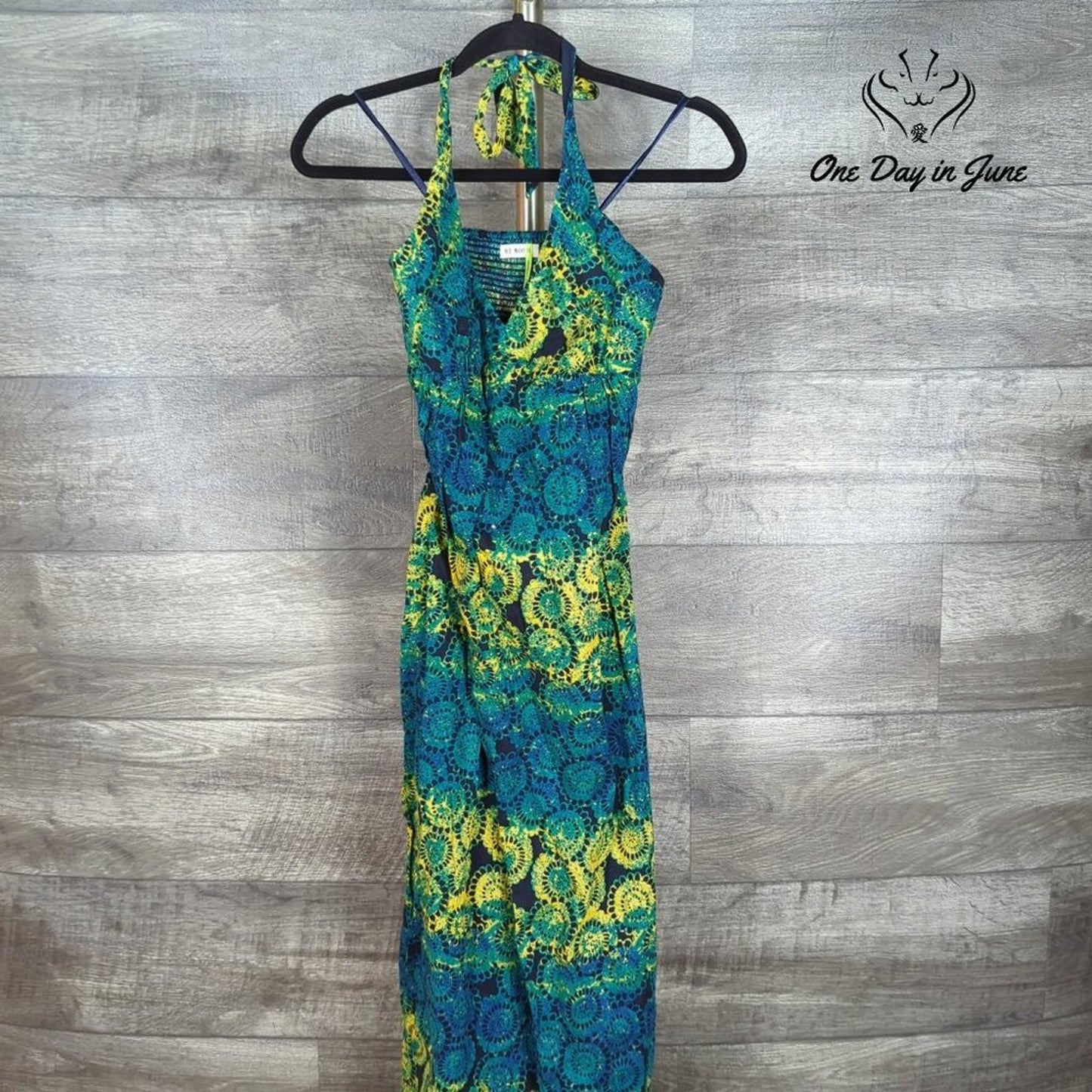 Old Navy Y2K Halter Maxi Dress Blue Green Yellow Linen Blend Boho Size XS