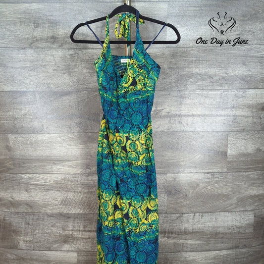 Old Navy Y2K Halter Maxi Dress Blue Green Yellow Linen Blend Boho Size XS