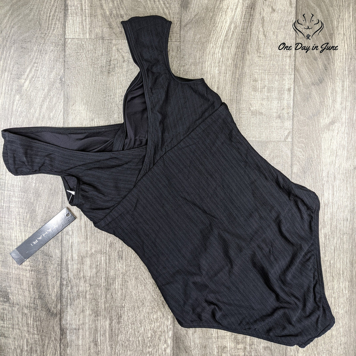 Tahari Wrap Front Ribbed One Piece Swimsuit Black V Neck NWT Size S