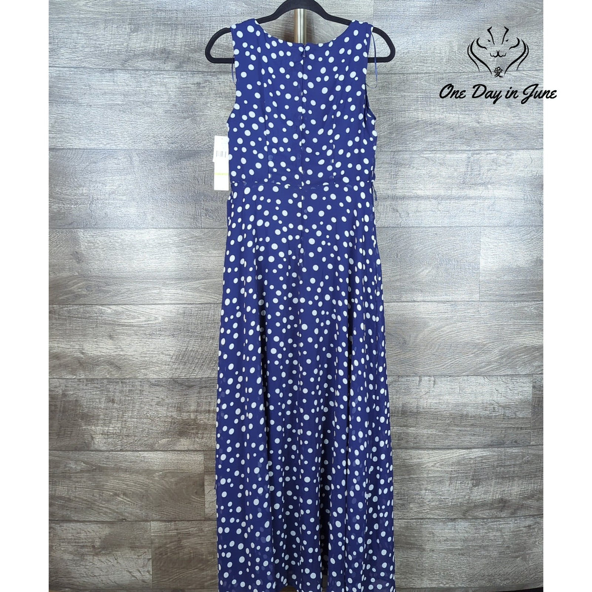 R&K Sleeveless Polka Dot Midi Maxi Dress Navy White Tie Waist NWT Size 4