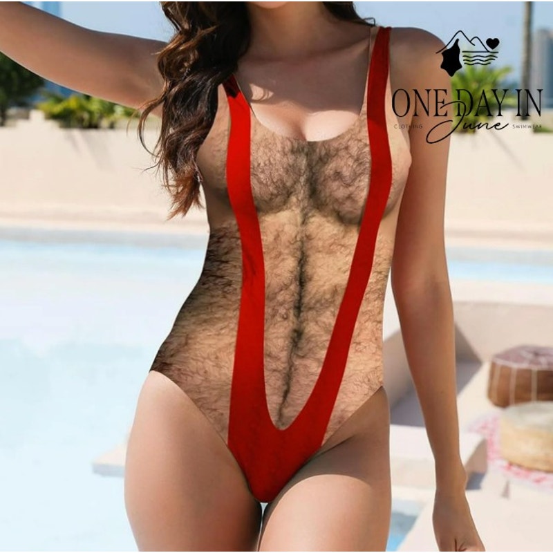 CharmLeaks Mankini Body Hair Print Funny One Piece Swimsuit Size M