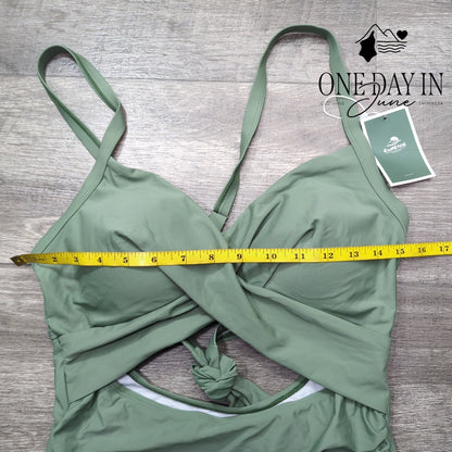 Eomenie Cross Front Cut Out One Piece Swimsuit Sage Green NWT Size L