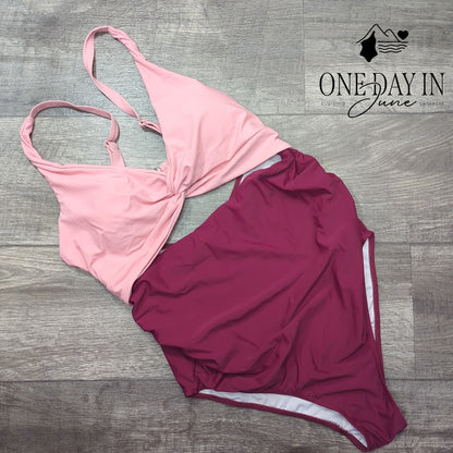 Summermae Maternity Twist Front Cutout One Piece Swimsuit Burgundy NWT Size L