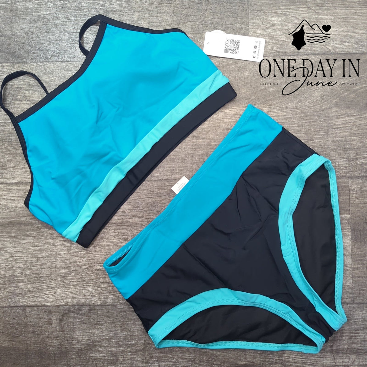 Charmo Colorblock Crop Top Bikini Swimsuit Blue Black High Waist NWT Size L