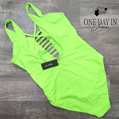 Aqua Eve Cut Out One Piece Swimsuit Neon Green Strappy NWT Size L
