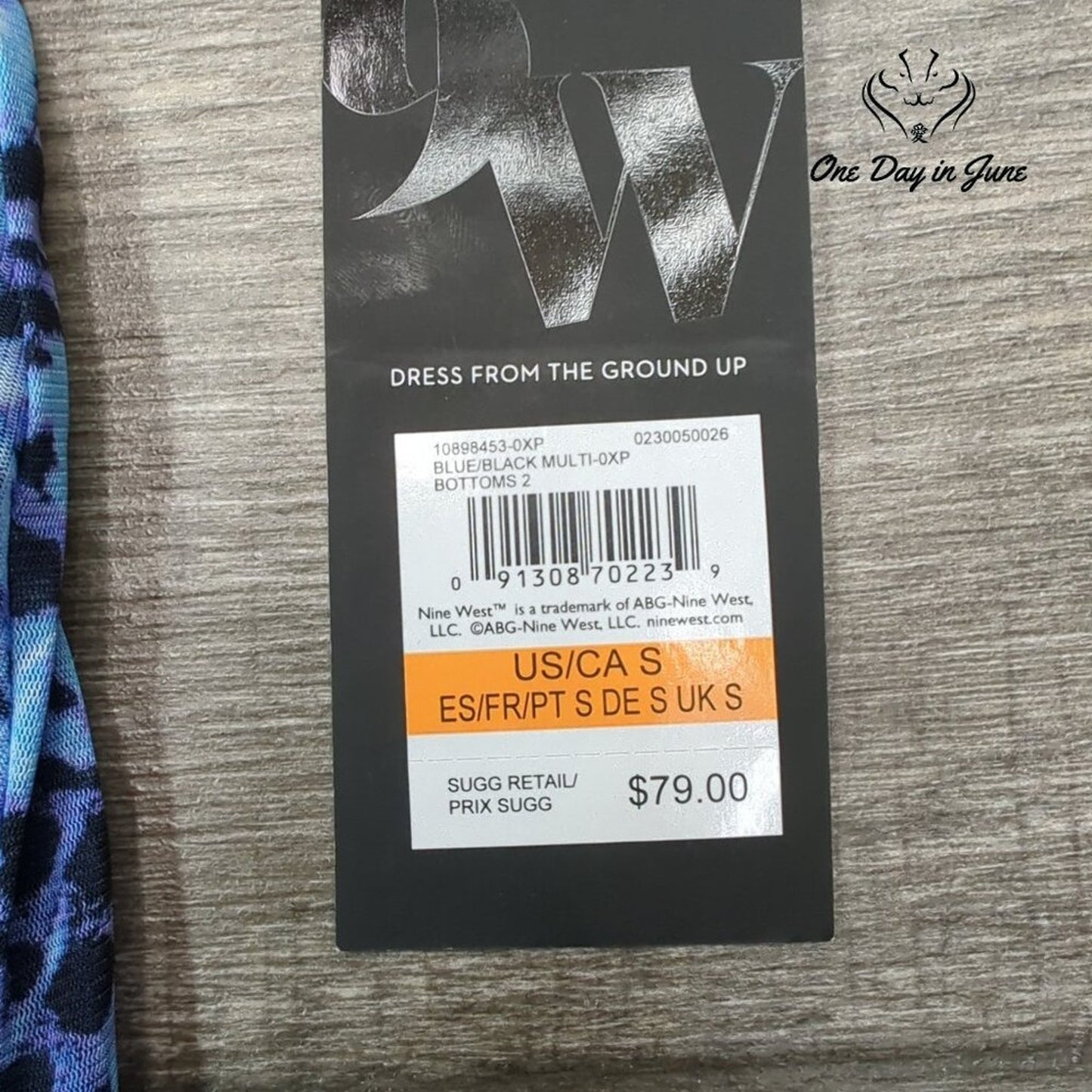 Nine West Bodycon Midi Skirt Blue Black Abstract Ruched Side Slit NWT $79 Size S